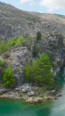 Dikey Video: Yeşil Kanyon 'da Temiz Su ve Berrak Manzaranın Gökyüzünden Görünüşü Altında Yüzen Pano