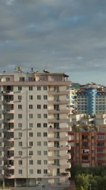 Mimari renklerle dinamik bir şehir manzarasının havadan görünüşü.