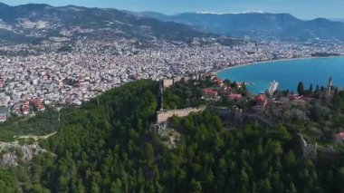 Kale, ağaçlar ve okyanus. Muhteşem bir sahil işaretinin hava görüntüleri..