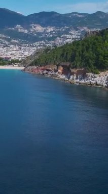 Yeşil orman ve kayalık sahil. Nefes kesici bir sahil sahnesinin dikey görüntüleri.