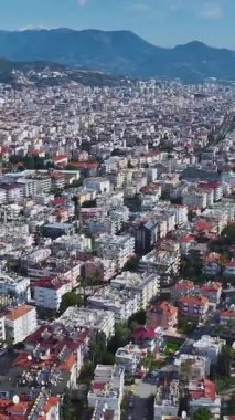 Şehir silueti ve güneş ışığı. Açık havada canlı bir şehrin dikey görüntüsü.