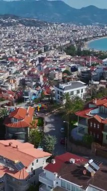 Şehir parkı ve ufuk çizgisi. Şehirdeki ferahlatıcı yeşil alanın dikey görüntüsü.