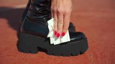 Temizlenen cilalı botların detaylı bir yakın çekimi..