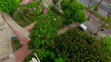 Mavi ve beyaz şezlonglar deniz yoluyla düzenli desenler oluşturuyor..