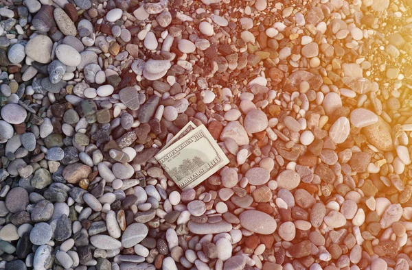 百ドルの半分のラウンド岩で覆われてビーチの近くにある ドル紙幣の一部は海岸の石に埋葬された コンセプト金融の休日は休暇をリラックスし 旅行で失うお金 — ストック写真