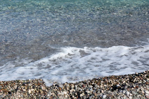 Banco Seixos Com Mar Praia Fundo Pebbles Água Costa Mar — Fotografia de Stock