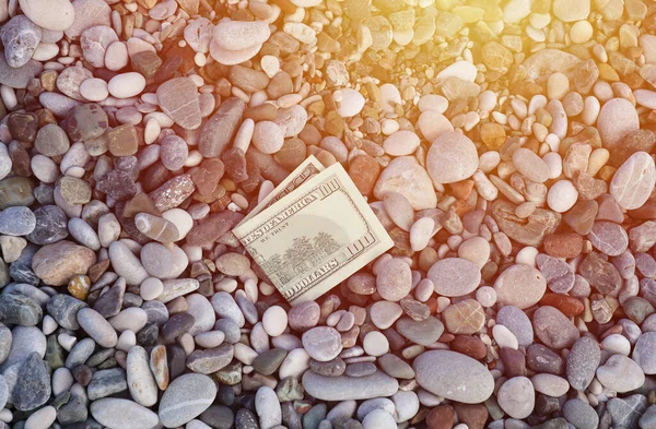 百ドルの半分のラウンド岩で覆われてビーチの近くにある ドル紙幣の一部は海岸の石に埋葬された コンセプト金融の休日は休暇をリラックスし 旅行で失うお金 — ストック写真
