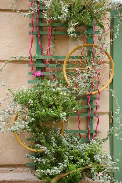 Bisiklet Tekerlerinden Duvardaki Renkli Zarif Çiçeklerden Dekorasyon Kentsel Sanat Objesi — Stok fotoğraf