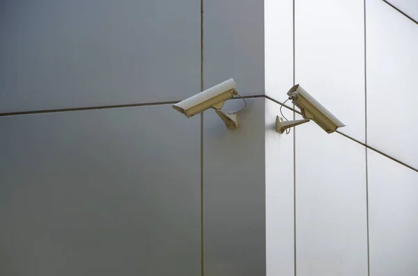 Modern Cctv Cameras Silver Plastic Wall Concept Surveillance Area Monitoring — Stock Photo, Image
