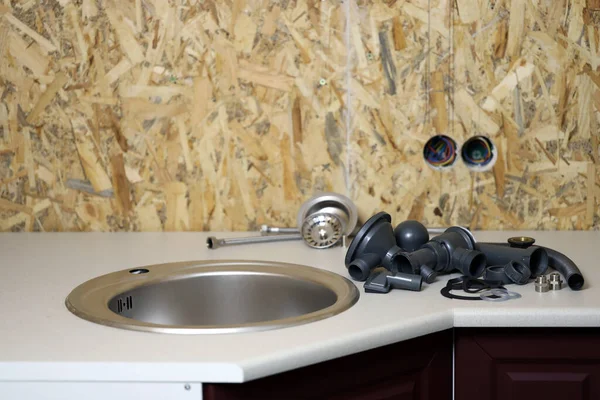 Plumbers Tools Water Tap Ready Installation Sink Countertop Kitchen Connections — Stock Photo, Image