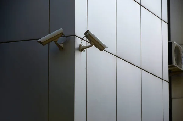 Modern Cctv Cameras Silver Plastic Wall Concept Surveillance Area Monitoring — Stock Photo, Image