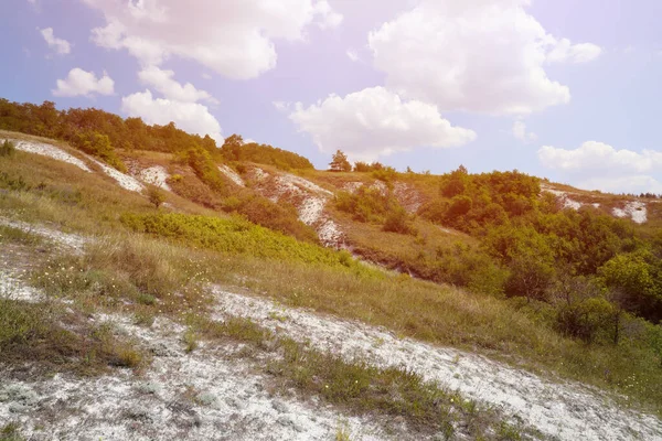 古老的几百万粉笔山在草原上的地球表面 乌克兰Dvurechansky公园保护区的白垩山 — 图库照片