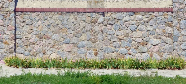 Texture Stone Wall Many Big Brown Grey Stones Armed Cement — Fotografia de Stock