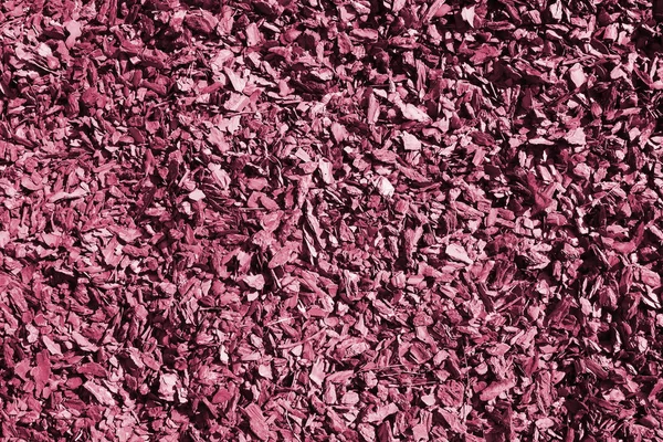 Full frame closeup of brown mulch used for gardening and landscape decoration. Texture of Birch mulch bark for garden. Image toned in Viva Magenta, color of the 2023 year