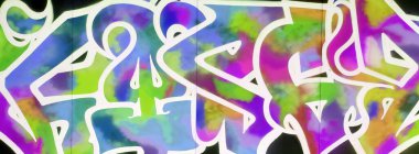 Metal duvarda parlak aerosol şeritleri olan grafiti resimlerinin renkli arka planı. Eski moda sokak sanatı sprey boya kutularından yapılmış. Çağdaş gençlik kültürü arka planı