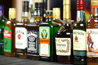 KYIV, UKRAINE - 4 Mayıs 2022 Birçok yeni şişe dünya çapında popüler alkol markaları viski konyağı ve ünlü markalar ve şirket logoları