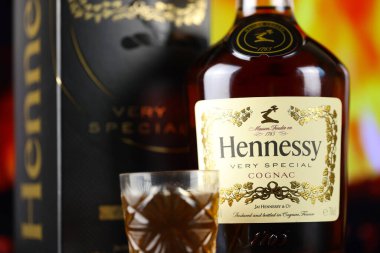 KYIV, UKRAINE - 4 Mayıs 2022 Hennessy Çok Özel alkol şişesi ahşap masada arka planda kırmızı şömine. Elit alkol üretimi