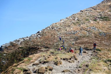 CARPathan Dağları, UKRAine - 8 Ekim 2022 Hoverla Dağı. Sonbaharda Ukrayna 'da Karpatlar. Turistler Hoverla dağının tepesine tırmanmak için tepeler ve ormanlar arasında yürürler.