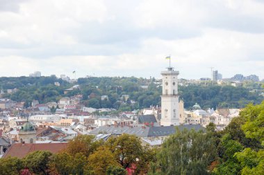 LVIV, UKRAINE - 11 Eylül 2022 Lviv, Ukrayna 'daki tarihi şehrin Panorama manzarası. Sonbahar gününün başında metal çatıları ve katedral kubbeleri olan birçok eski bina.