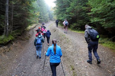 CARPathan Dağları, UKRAine - 8 Ekim 2022 Hoverla Dağı. Sonbaharda Ukrayna 'da Karpatlar. Turistler Hoverla dağının tepesine tırmanmak için tepeler ve ormanlar arasında yürürler.