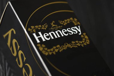 KYIV, UKRAINE - MAY 4, 2022 Hennessy Very Special original alcohol bottle on black wooden table. Elite alcohol production