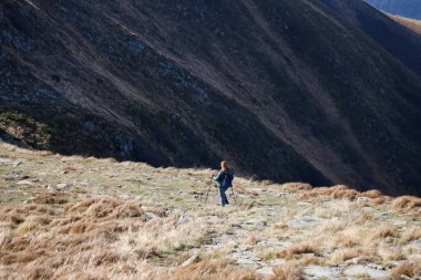 CARPathan Dağları, UKRAine - 8 Ekim 2022 Hoverla Dağı. Sonbaharda Ukrayna 'da Karpatlar. Turistler Hoverla dağının tepesine tırmanmak için tepeler ve ormanlar arasında yürürler.