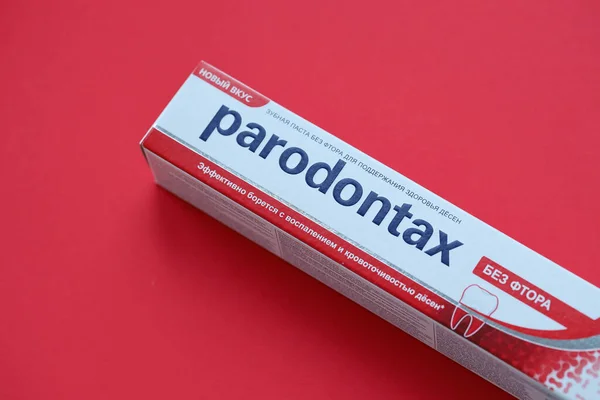 stock image KYIV, UKRAINE - MAY 4, 2022 Package of Parodontax toothpaste on bright background close up