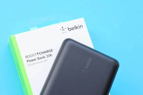 stock image KYIV, UKRAINE - MAY 4, 2022 Portable Powerbank battery with logo of Belkin International, american manufacturer of consumer electronics that specializes in connectivity devices