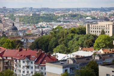 LVIV, UKRAINE - 11 Eylül 2022 Lviv, Ukrayna 'daki tarihi şehrin Panorama manzarası. Sonbahar gününün başında metal çatıları ve katedral kubbeleri olan birçok eski bina.