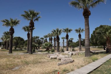 ANTALYA, TURKEY - Türkiye 'nin Pamukkale kenti yakınlarındaki antik Hierapolis' in 15 Mayıs 2021 kalıntıları güneşli bir günde. Büyük blokları ve sütunları olan eski tarihi binaların parçaları.