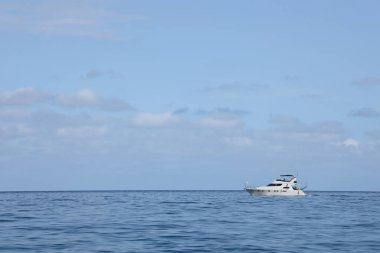 ANTALYA, TURKEY - 15 Mayıs 2021 Lüks şişirilebilir kaburga sürat teknesi Akdeniz derin mavi denizinde yüzüyor