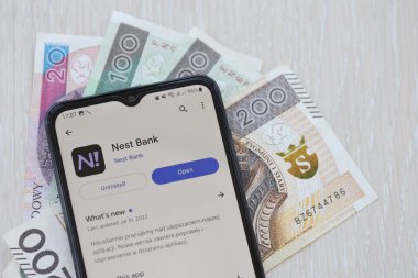 TERNOPIL, UKRAINE - 3 AĞUSTOS 2023 Nest banka uygulaması modern akıllı telefondaki ekranda. Meşhur Polonya bankasının resmi uygulaması