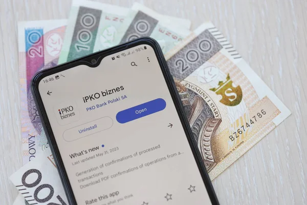 stock image TERNOPIL, UKRAINE - AUGUST 3, 2023 PKO application on screen of display on modern smartphone. Official app of famous polish bank