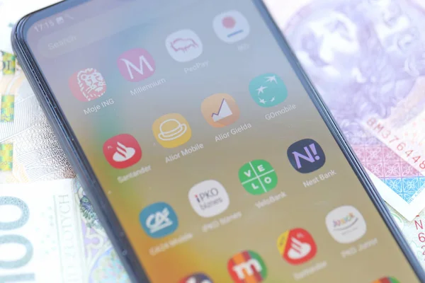 stock image TERNOPIL, UKRAINE - AUGUST 3, 2023 Banking applications on screen of display on modern smartphone. Official apps of famous polish banks