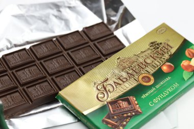 KHARKIV, UKRAINE - 27 Ocak 2021 Babayevskiy çikolatalı bar - Babayevskiy çikolata fabrikasından. Eski Rus geleneksel çikolata tasarımı