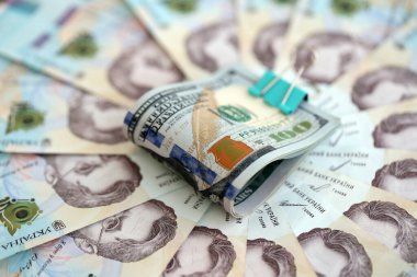 Ukrayna 'nın birçok banknotunun üzerinde yüz dolarlık banknotlar var. Rus işgalcilerle savaş sırasında Ukrayna ulusal para biriminin ekonomik temerrüt, kriz ve devalüasyonu