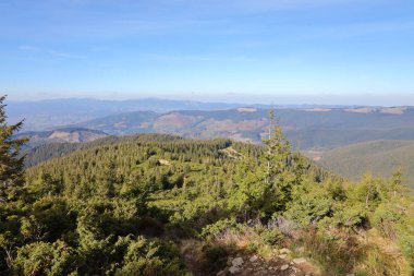Ukrayna Karpatlarının gökyüzü ve bulutların arka planında asılı duran Hoverla Dağı manzarası