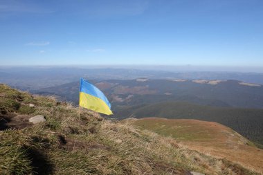 Ukrayna 'daki Hoverla dağının tepesinde Ukrayna bayrağı