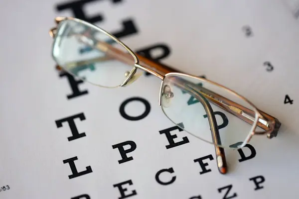 spotted eyeglasses on eyesight test chart isolated on white. eye examination ophthalmology concept. Glasses in the eye test chart on a white background close up