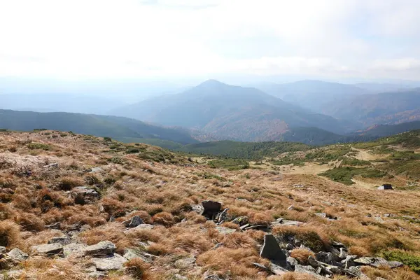 Ukrayna Karpatlarının gökyüzü ve bulutların arka planında asılı duran Hoverla Dağı manzarası