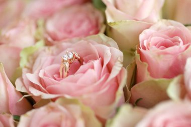 Altın elmaslı nişan yüzüğü, güzel pembe gül çiçeğiyle, büyük buketteki güllerin arasında. Yakın plan bulanık.