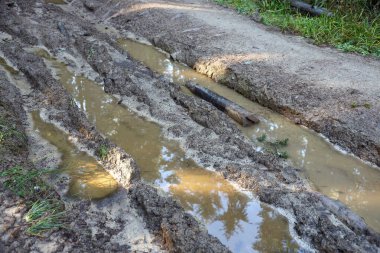 Orman yolunda çamurlu yüzeyde çamurlu su birikintileri olan çamurlu izler. Yaklaş.