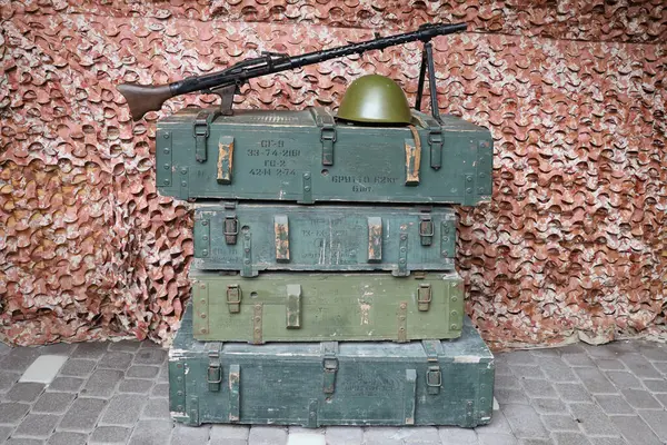 Soviet army ammunition stack of green crates with russian names of ammo type and category number