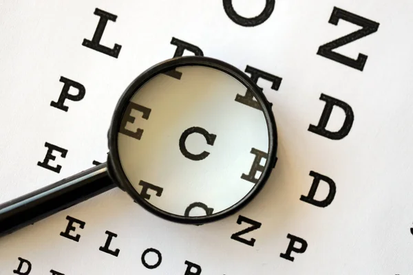Magnifier Glass Focuses Eye Chart Letters Clearly Lies Eye Test — Stock Photo, Image