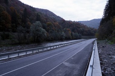 Sonbahar ormanlarında gün batımında Ukrayna 'daki Karpat dağlarında. Turuncu kadın ve yüksek kayalıkları olan güzel bir dağ yolu. Sonbaharda ormanda içi boş otoyol manzarası. Ulaşım