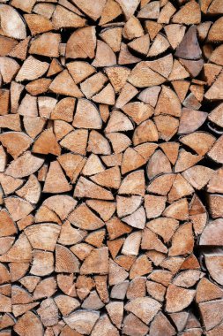 Eski kulübenin ahşap duvarının yanına odun yığılmış. Yakacak odunların çoğu doğranmış.