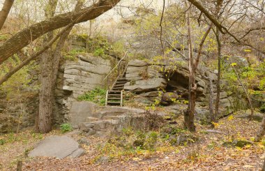 Granite rocks of Bukski Canyon in autumn. Picturesque landscape and beautiful place of ukrainian tourism