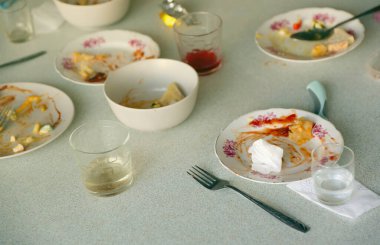 Empty dirty plates with spoons and forks on the table after meal. Banquet ending concept. Unwashed dishes ready to cleaning