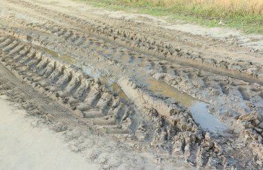 Kıvrımlı bir yolu olan sonbahar manzarası üzerinde tarımsal makinelerin büyük tekerleklerinin izleri görülebilir.