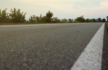 Akşam vakti boş asfalt yolu ve farklı çim ve çiçeklerden oluşan çiçek tarlası. Kenar mahalle manzarası